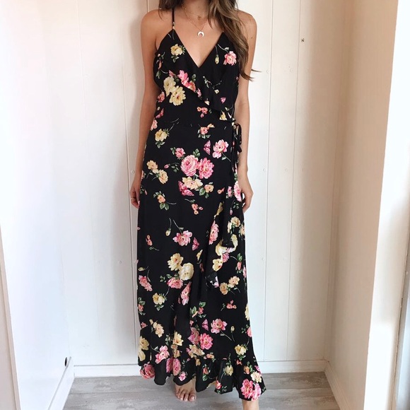 black floral wrap maxi dress